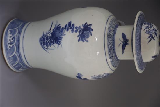 A large Chinese blue and white vase and cover, late 19th century, H.48cm, hardwood stand